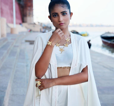 OFF WHITE SHRUG DETAILING WITH SUEDE & DHAGAI - SHRUG ONLY