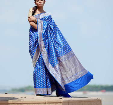 'Aamira' Banarasi pure katan electric blue silver gold booti jaal