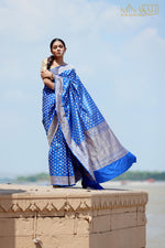 'Aamira' Banarasi pure katan electric blue silver gold booti jaal