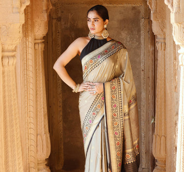 'Lela' Banarasi pure katan light grey multi border booti saree